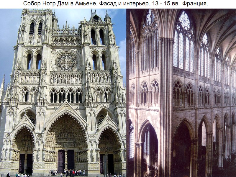 Собор Нотр Дам в Амьене. Фасад и интерьер. 13 - 15 вв.  Франция.